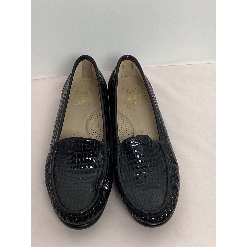 Sas Women's Size 6 Simplify Black Leather Croc Snake Print Moc Toe Loafers Shoes